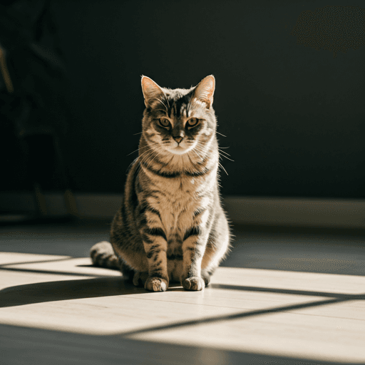 Graceful cat sitting in a patch of morning sunlight
