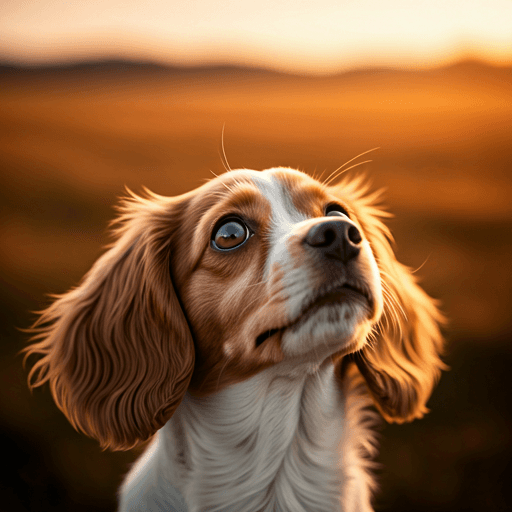 Close-up of a small dog looking up with expressive eyes