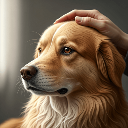 Person's hand gently resting on a dog's head