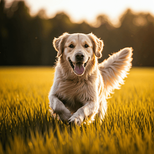 Golden Retriever running through tall grass during golden hour
