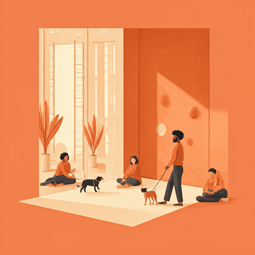 A warm illustration of people playing with dogs and cats in a sun-drenched park