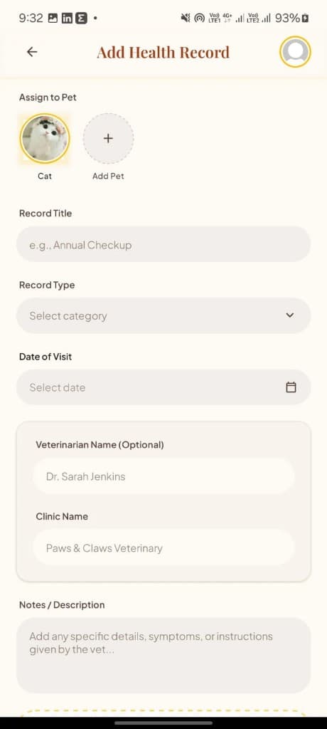 PetCarePro health record screen