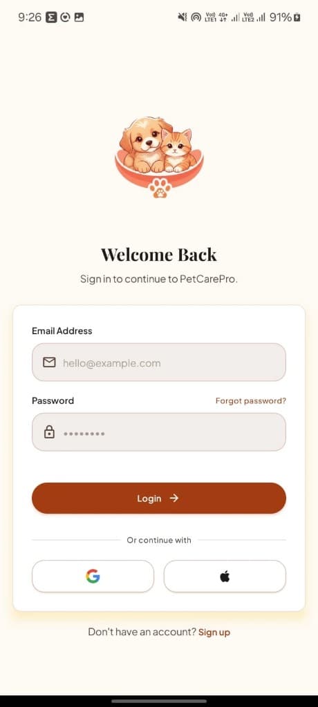 PetCarePro login screen